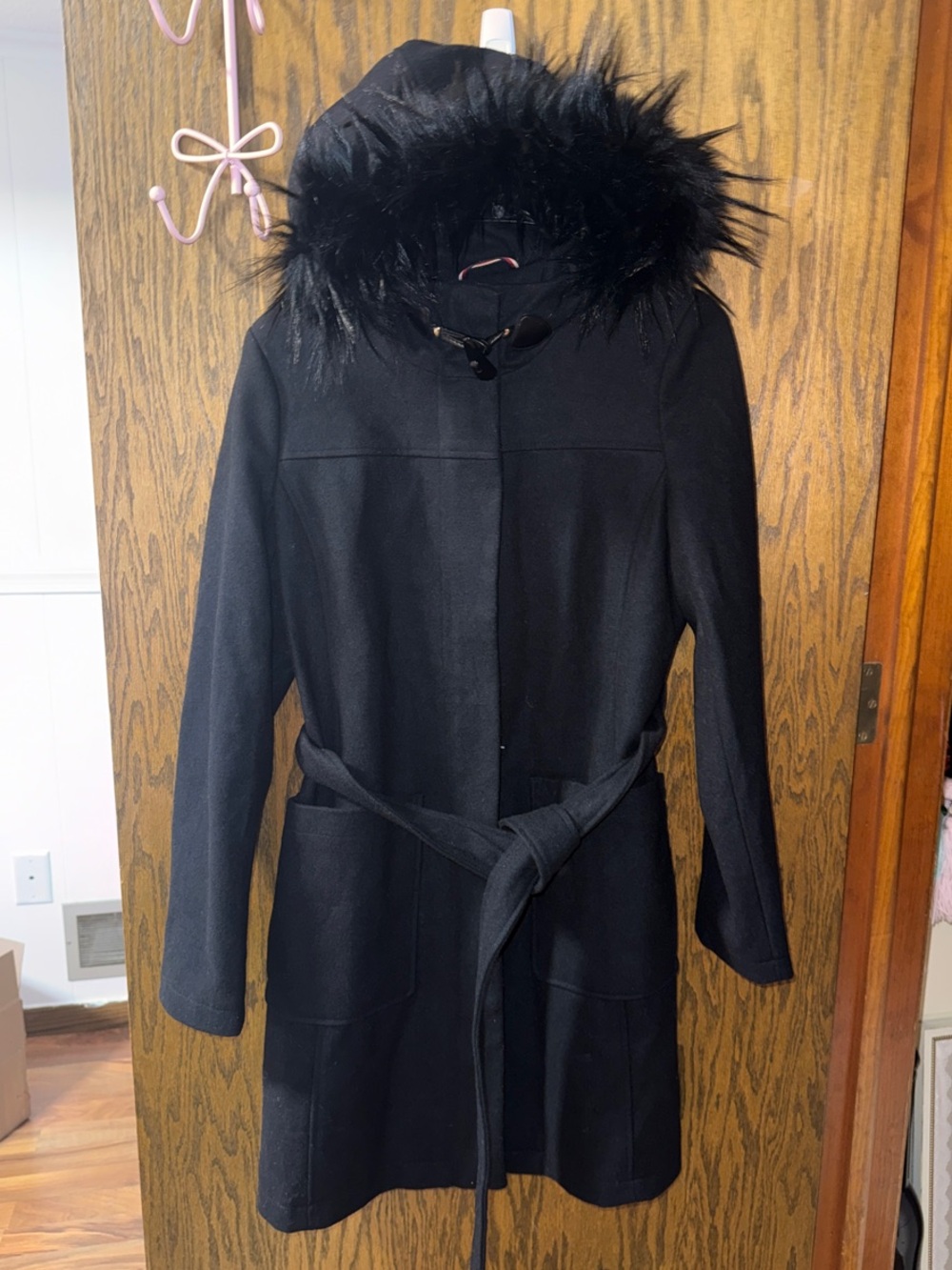 Tommy Hilfiger Black Hooded Trench Coat with Faux Fur Trim